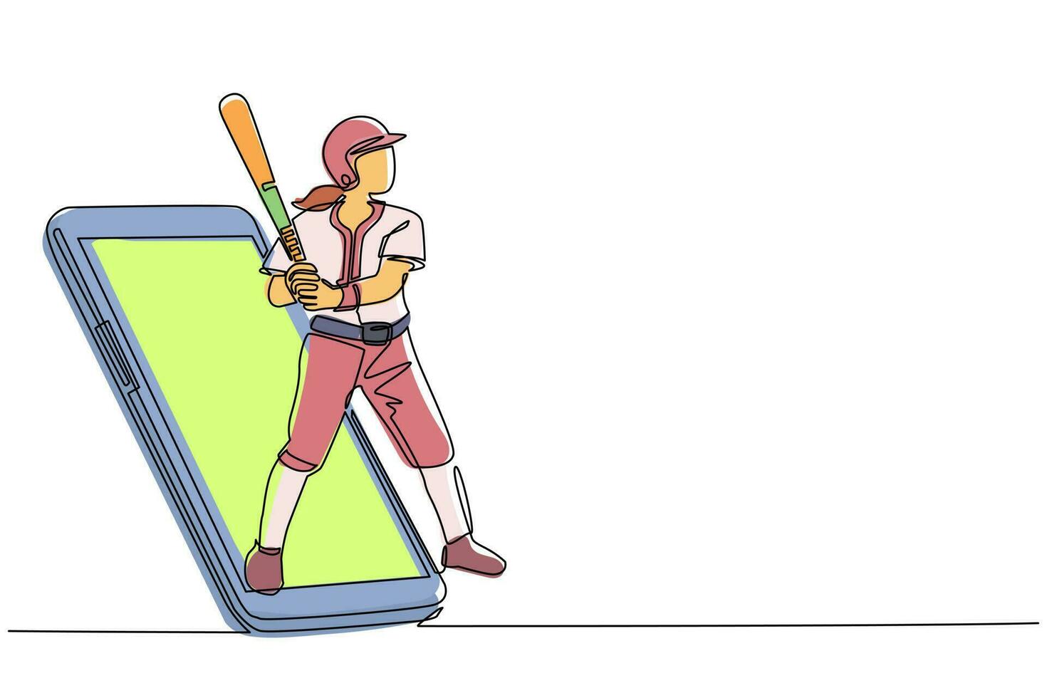 fortlaufende einzeilige Zeichnung einer Baseballspielerin, die bereit ist, den Ball aus dem Smartphone-Bildschirm zu schlagen. Mobile Sportspiele. Mobile App für Online-Baseballspiele. einzeiliger Entwurfsvektor vektor