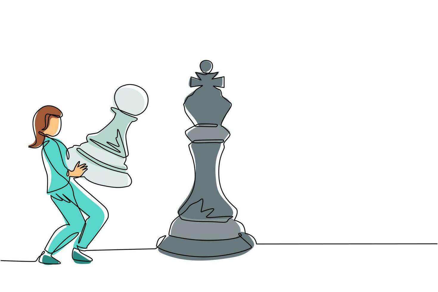 enda kontinuerlig linjeritning affärskvinna håller bonde schackpjäs för att slå kung schack. strategisk planering, affärsutvecklingsstrategi, taktik inom entreprenörskap. en linje rita design vektor