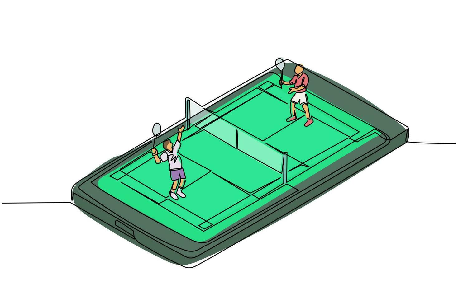en rad ritad badmintonbana med två spelare som slår fjäderbollen med sina racketar på smartphoneskärmen. professionell idrottstävling. mobil app. kontinuerlig linje rita design vektor