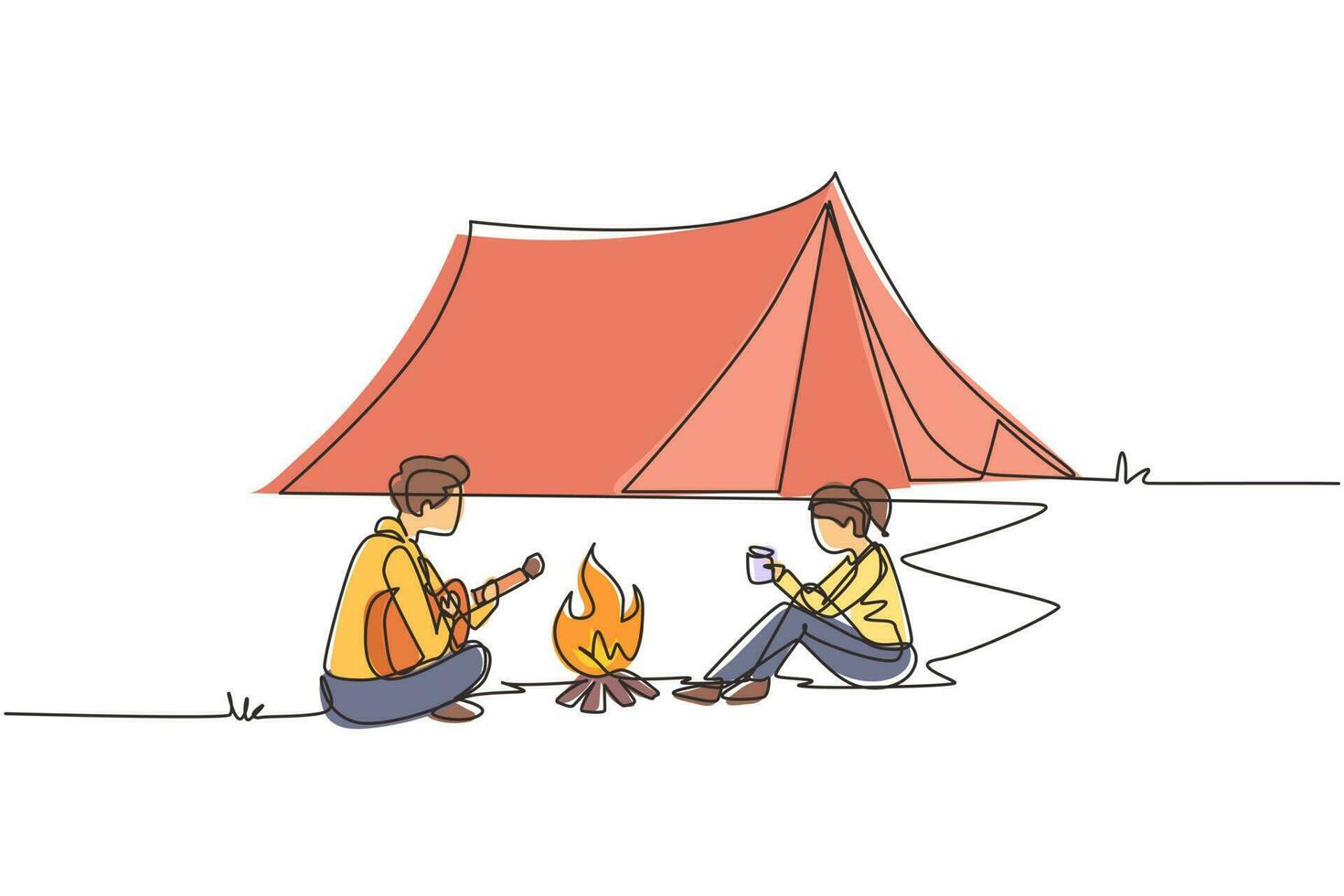 enda kontinuerlig linjeteckning camping par runt lägerelden tält. man spelar gitarr och kvinna dricker varmt te blir varm nära brasan sitter på marken. en rad rita design vektorillustration vektor