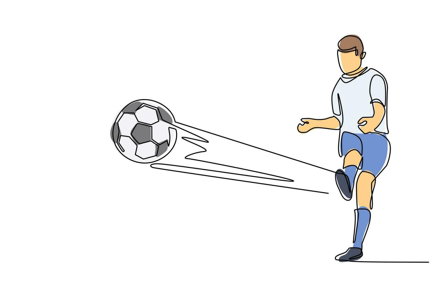 Single One Line Drawing Fußballspieler kickt Fußball. Fußballspieler, der Ball tritt. Fußballer erzielte ein Tor. fußballsport, mannschaftsspielkonzept. moderne durchgehende Linie zeichnen Design-Vektor-Illustration vektor