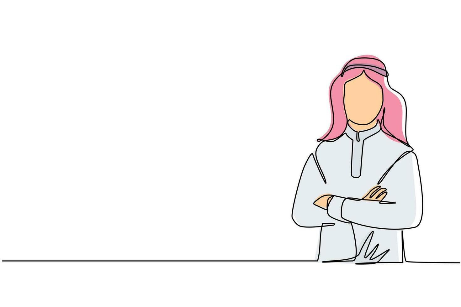 enda kontinuerlig linjeteckning leende självsäker arabisk man i traditionella kläder, hålla armarna i kors. aktiv affärsman stående med korslagda armar poserar. en rad rita design vektorillustration vektor