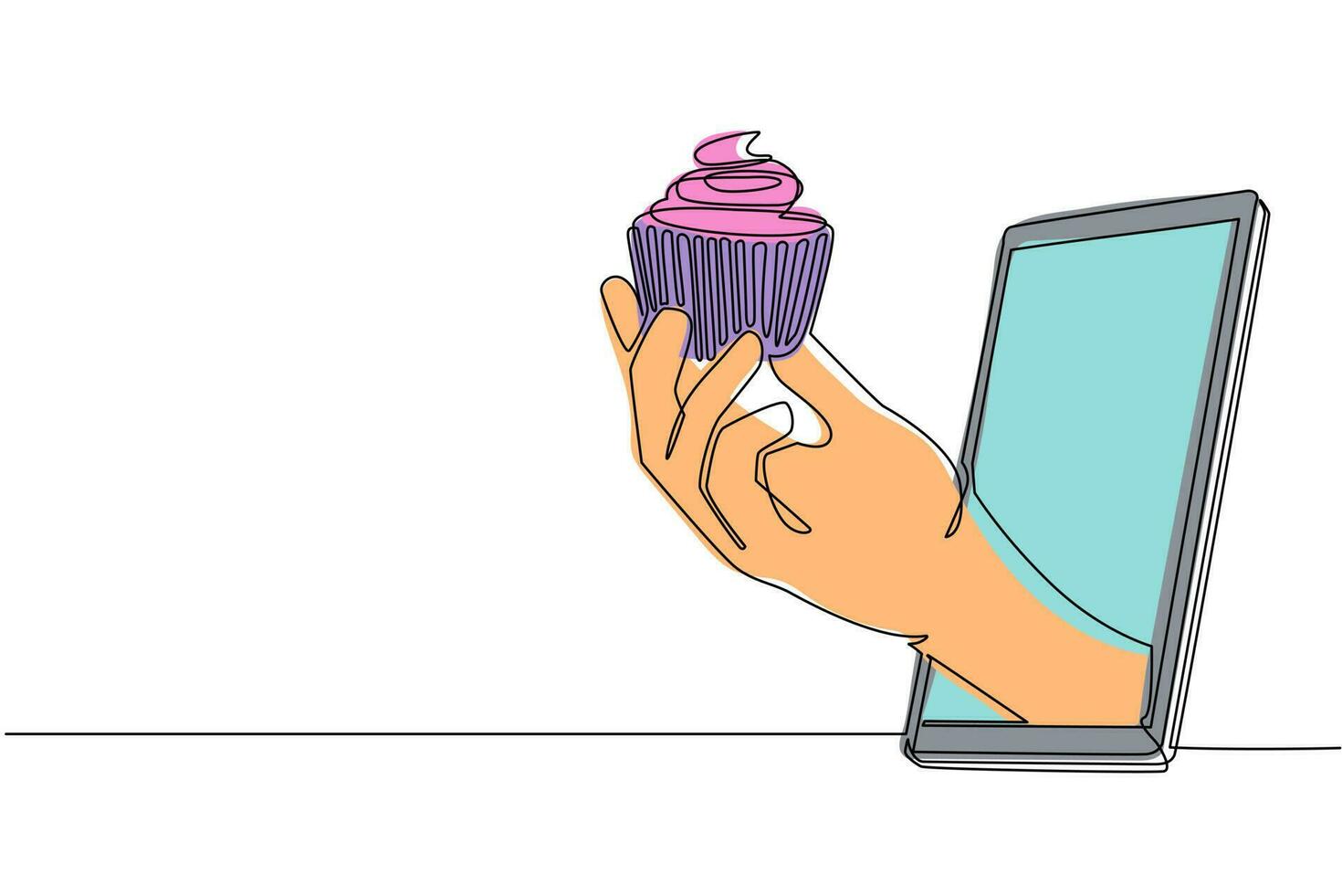 einzelne durchgehende strichzeichnung hand, die cupcake über handy hält. Konzept der Online-Lieferung von Restaurantbestellungen. Anwendung für Smartphones. eine linie zeichnen grafikdesign-vektorillustration vektor