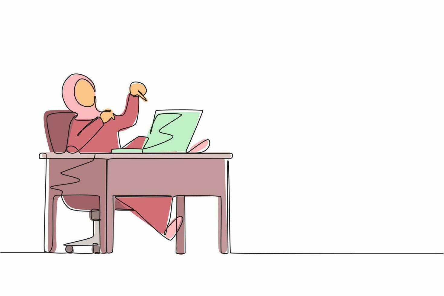 einzelne einzeilige zeichnung weiblicher manager, der an einem computer-laptop arbeitet. Arabische Frau mit Fragezeichen über dem Kopf kratzt sich am Hinterkopf und sitzt vor dem Laptop. grafischer Vektor des durchgehenden Liniendesigns