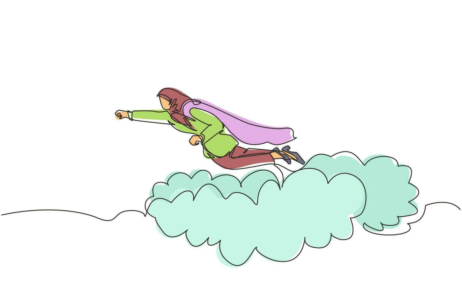 kontinuerlig en rad ritning arabisk affärskvinna superhjälte flyger upp och lämnar moln av damm. superarbetare i mantel tar av. kraft och unikhet affärsidé. enda linje design vektorgrafik vektor