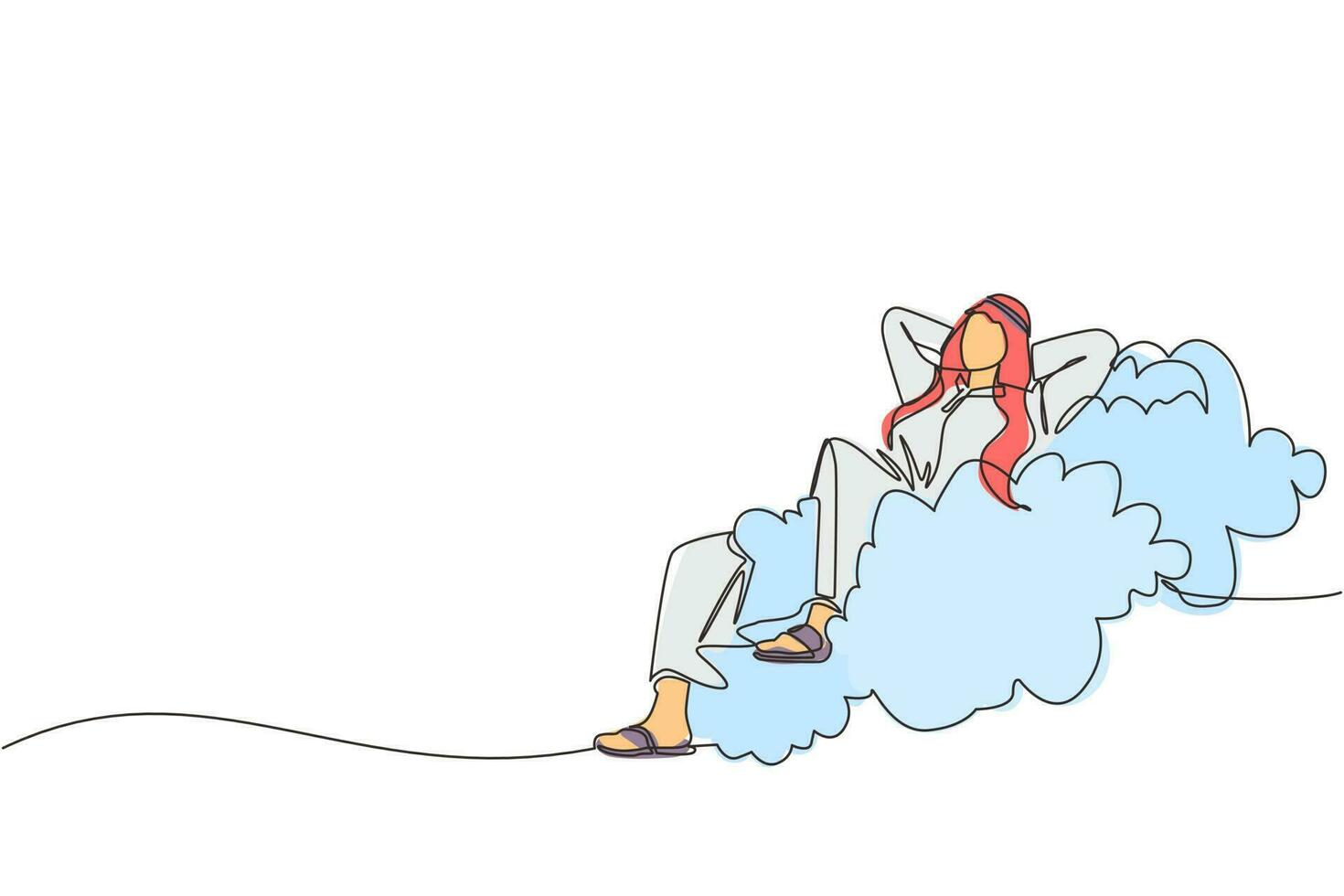 einzelne einstrichzeichnung entspannter und erfolgreicher glücklicher arabischer geschäftsmann, der sich entspannt auf wolken legt. Pause, Urlaub, Kaffeezeit und Entspannung. ununterbrochene Linie zeichnen grafische Vektorillustration des Designs vektor
