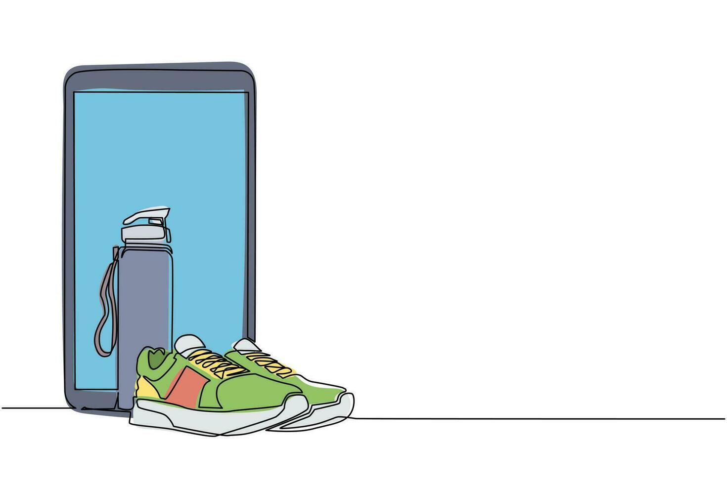 enkel kontinuerlig linjeritning löparsneaker och mineralvatten på flaska med smartphone. idé om en hälsosam och aktiv livsstil. hälsosam livsstil koncept. dynamisk en rad rita grafisk design vektor