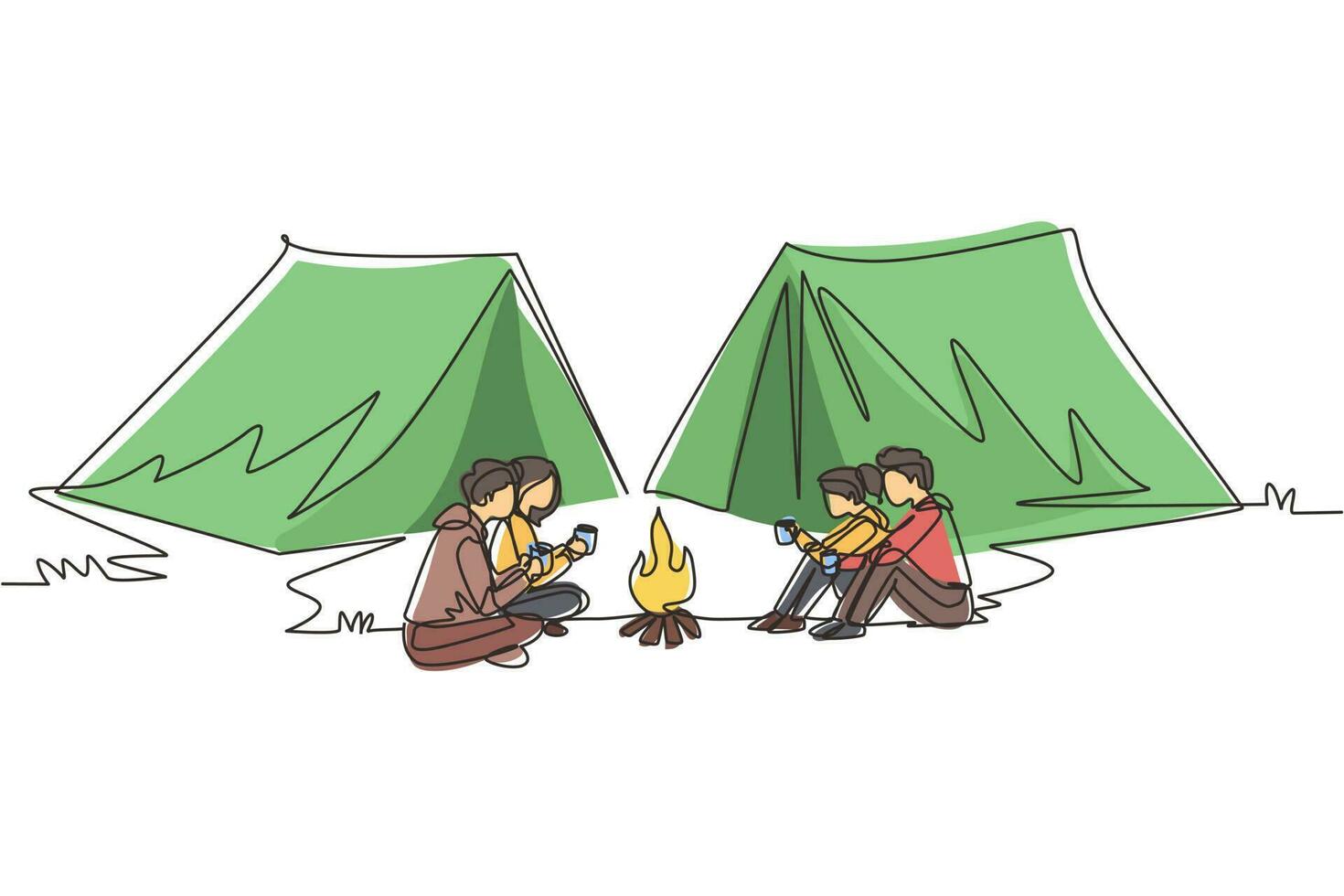 durchgehend eine Linie, die zwei Paare zeichnet, die um Lagerfeuerzelte campen. gruppe von mannfrauen, die auf dem boden sitzen und heißen tee trinken, der in der nähe des lagerfeuers warm wird. einzeiliges zeichnen design vektorillustration vektor