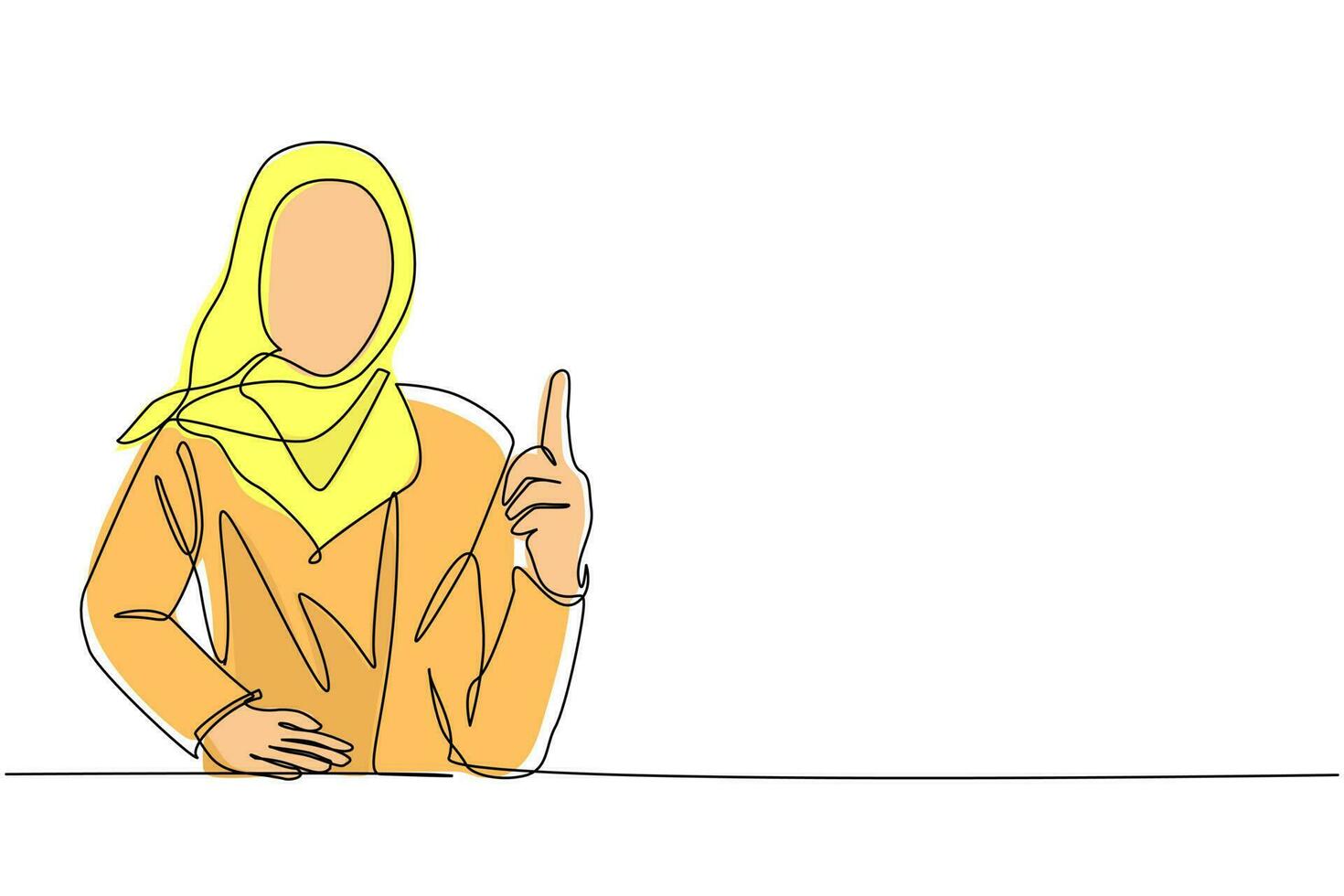 einzelne durchgehende Linie, die junge arabische Frauen zeichnet, die im Stehen und Lächeln mit dem Finger nach oben zeigen. glückliche frau, die kopienraum zeigt. Emotions- und Körpersprachenkonzept. eine linie zeichnen grafikdesignvektor vektor