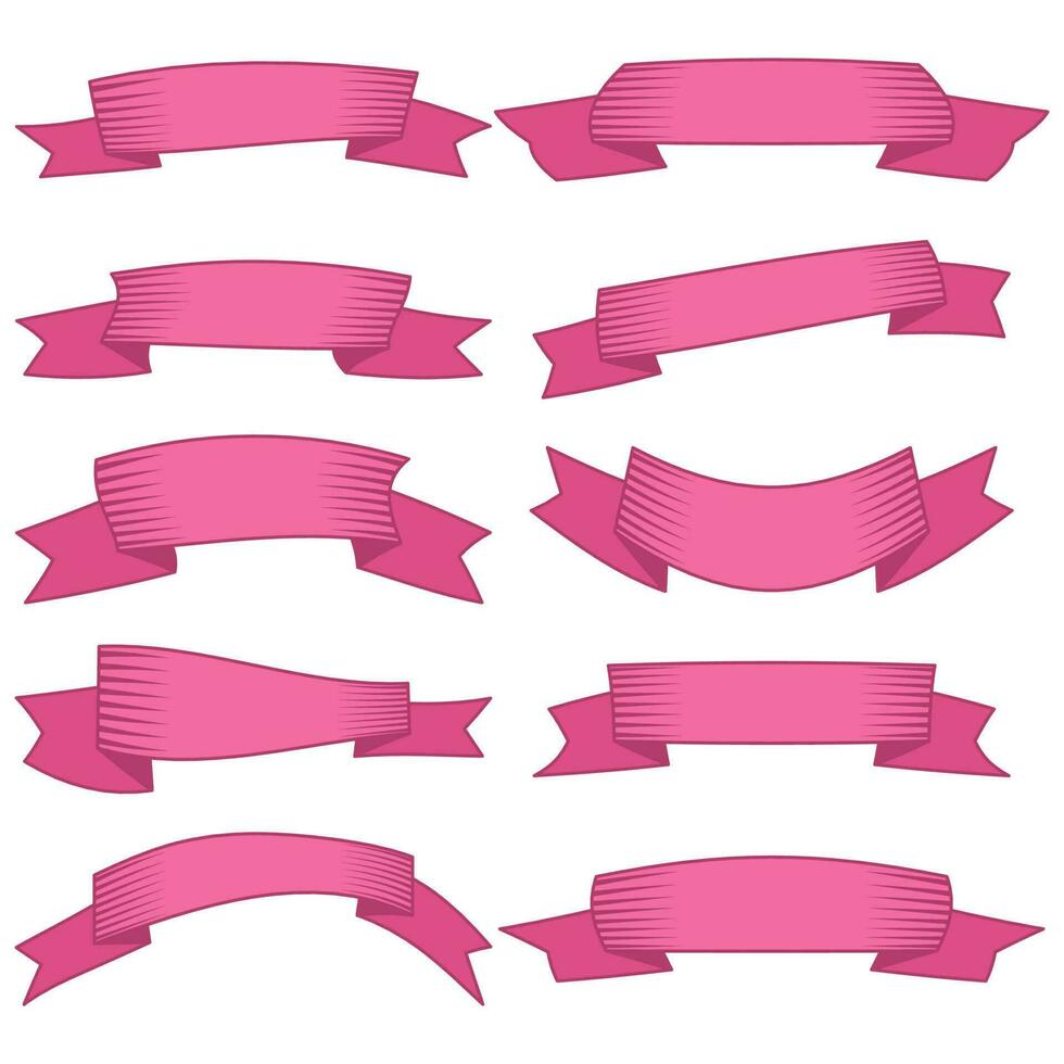 uppsättning av tio rosa band och banderoller för webb design. bra design element isolerat på vit bakgrund. vektor illustration.