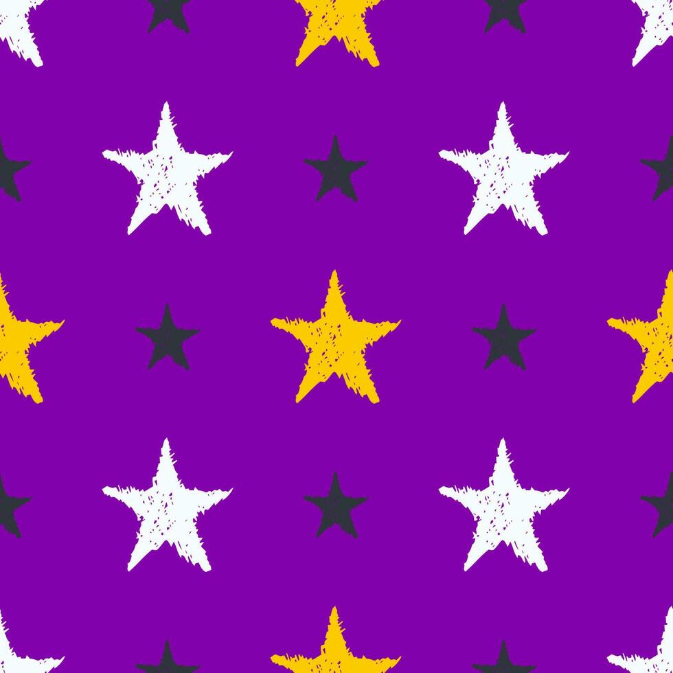 sömlös bakgrund av klotter stjärnor. Flerfärgad hand dragen stjärnor på lila bakgrund. vektor illustration