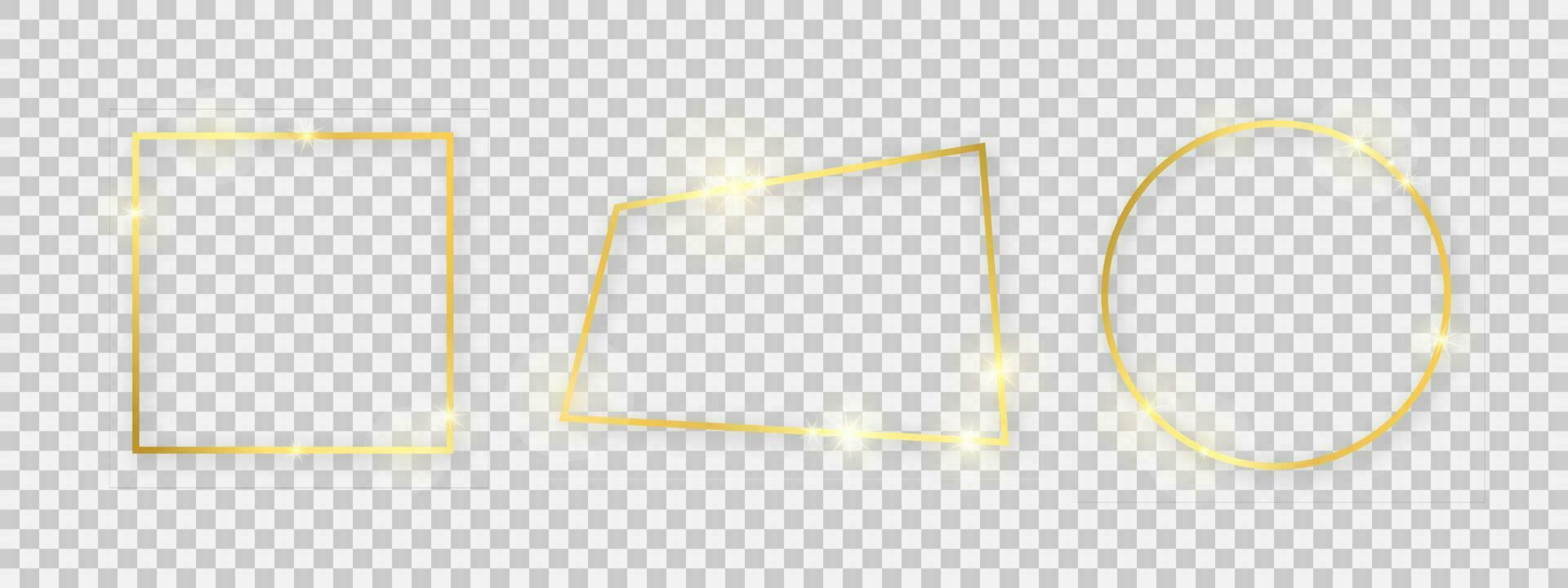 skinande ramar med lysande effekter. uppsättning av tre guld ramar med skuggor vektor