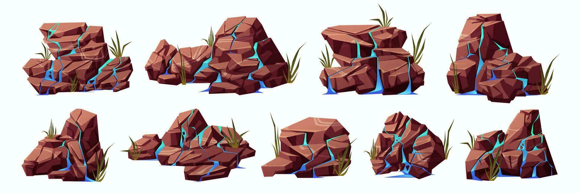 tecknad serie uppsättning av vatten strömmar på knäckt stenar vektor