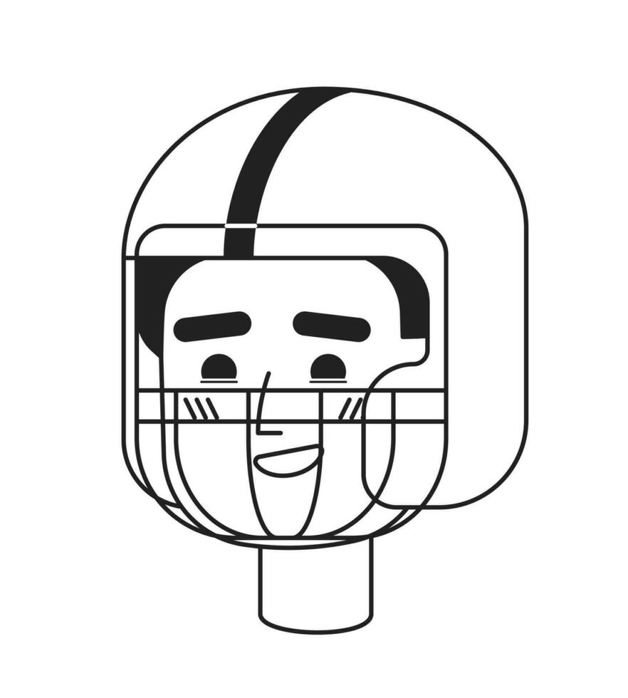 zahnig lächelnd jung Mann tragen amerikanisch Fußball Helm einfarbig eben linear Charakter Kopf. editierbar Gliederung Hand gezeichnet Mensch Gesicht Symbol. 2d Karikatur Stelle Vektor Benutzerbild Illustration zum Animation