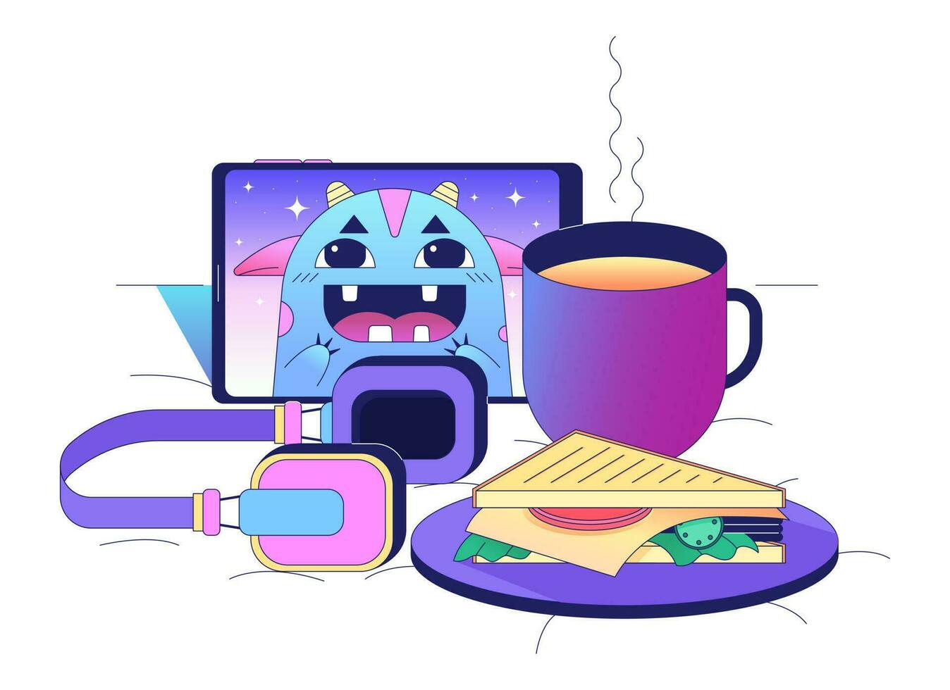 gemütlich Komposition im Bett konzeptionelle Held Bild. Tasse von Tee, Tablette Gerät und Sandwich 2d Karikatur Szene auf Weiß Hintergrund. Bettzeit Geschichten isoliert Konzept Illustration. Vektor Kunst zum Netz Design ui