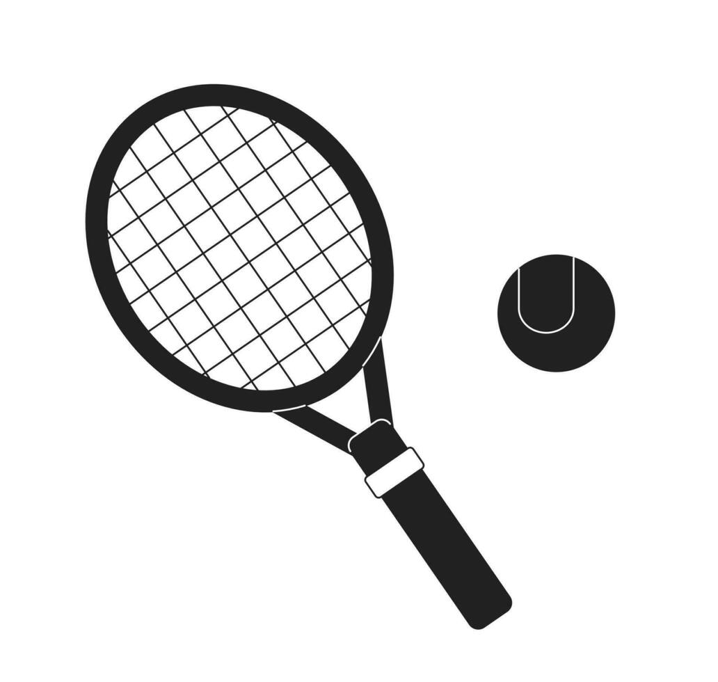 tennis racket med boll svartvit platt vektor objekt. spelar tennis turnering. redigerbar svart och vit tunn linje ikon. enkel tecknad serie klämma konst fläck illustration för webb grafisk design