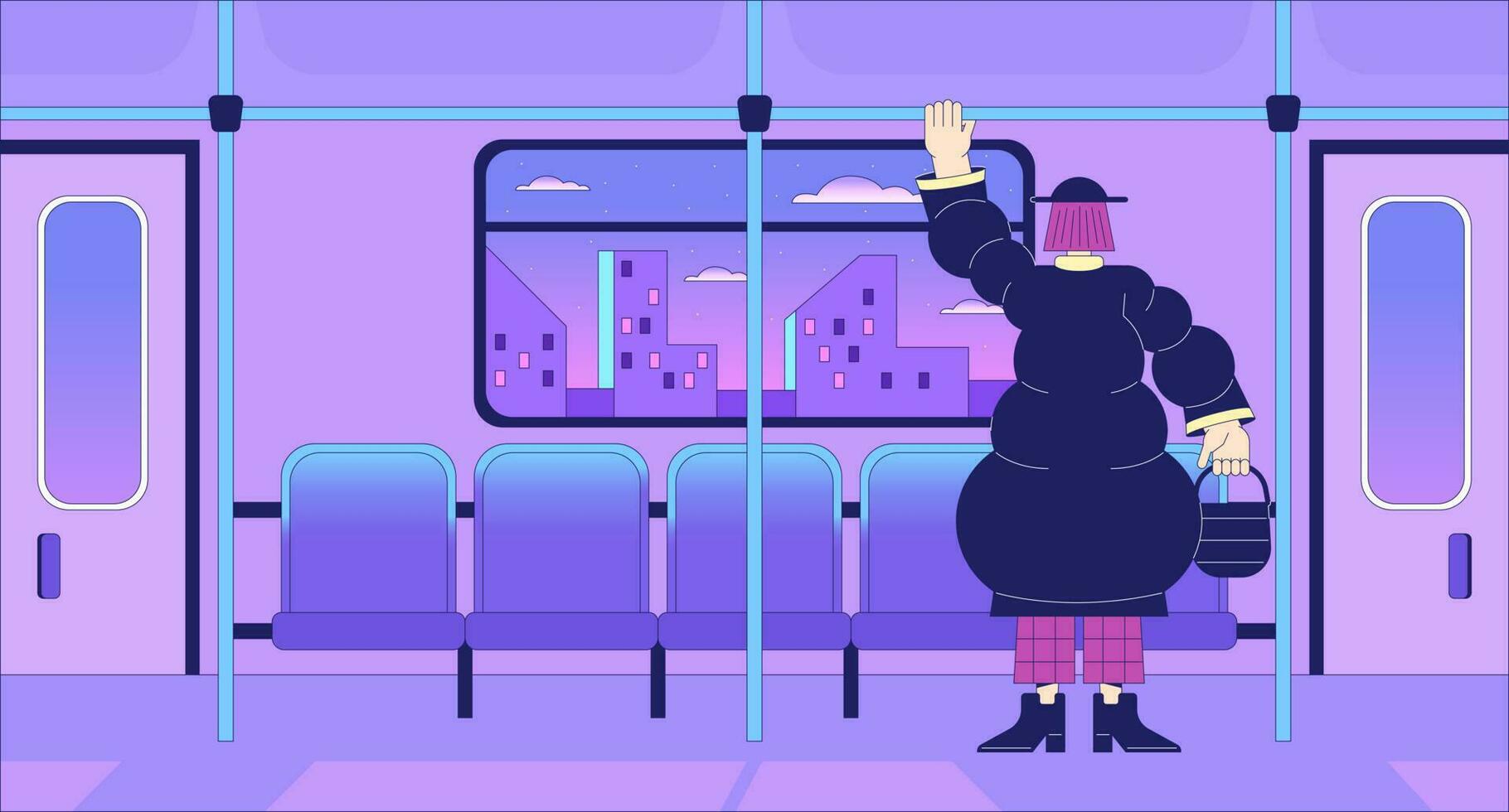 förorts järnväg passagerare lo fi kyla tapet. kvinna metro passagerare stående i tåg 2d vektor tecknad serie karaktär illustration, vaporwave bakgrund. 80s retro album konst, synthwave estetik