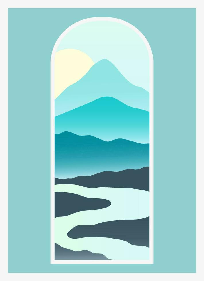 berg landskap se lutning illustration affisch. ljus vibrerande färger - panorama- bergen och kullar - a4 bakgrund konst. asiatisk bergen mall vektor