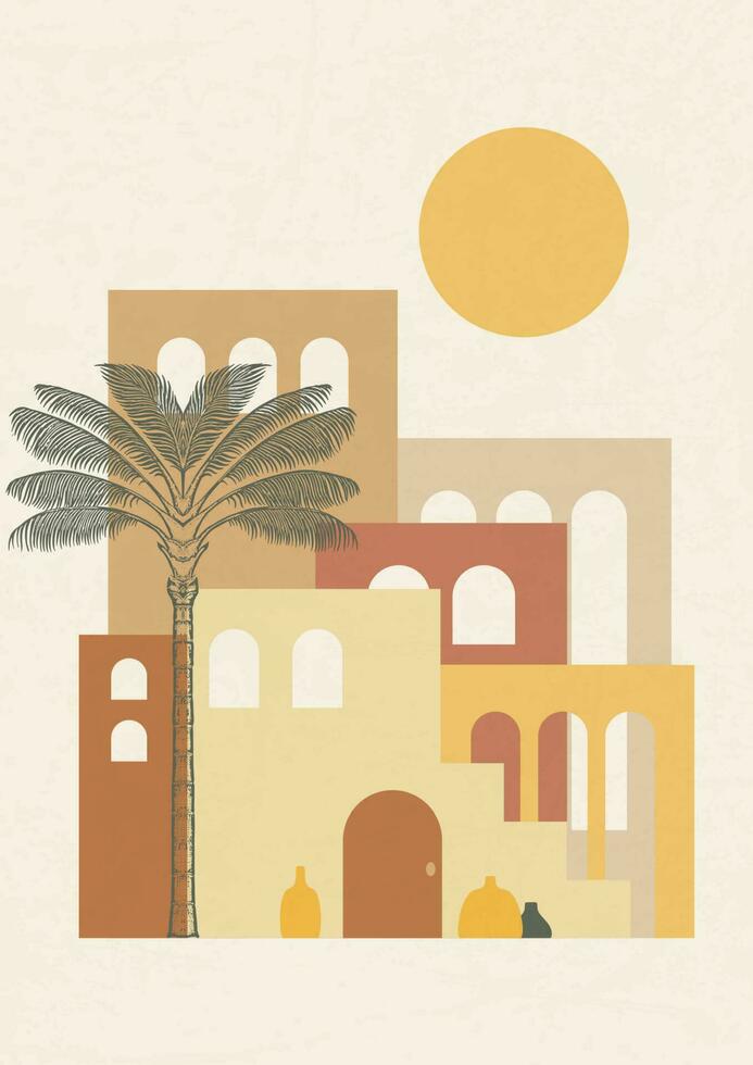 Marokko die Architektur unter Sonnenlicht Poster Illustration. modern ästhetisch Illustrationen. Boho Stil künstlerisch Design zum Mauer Dekoration vektor