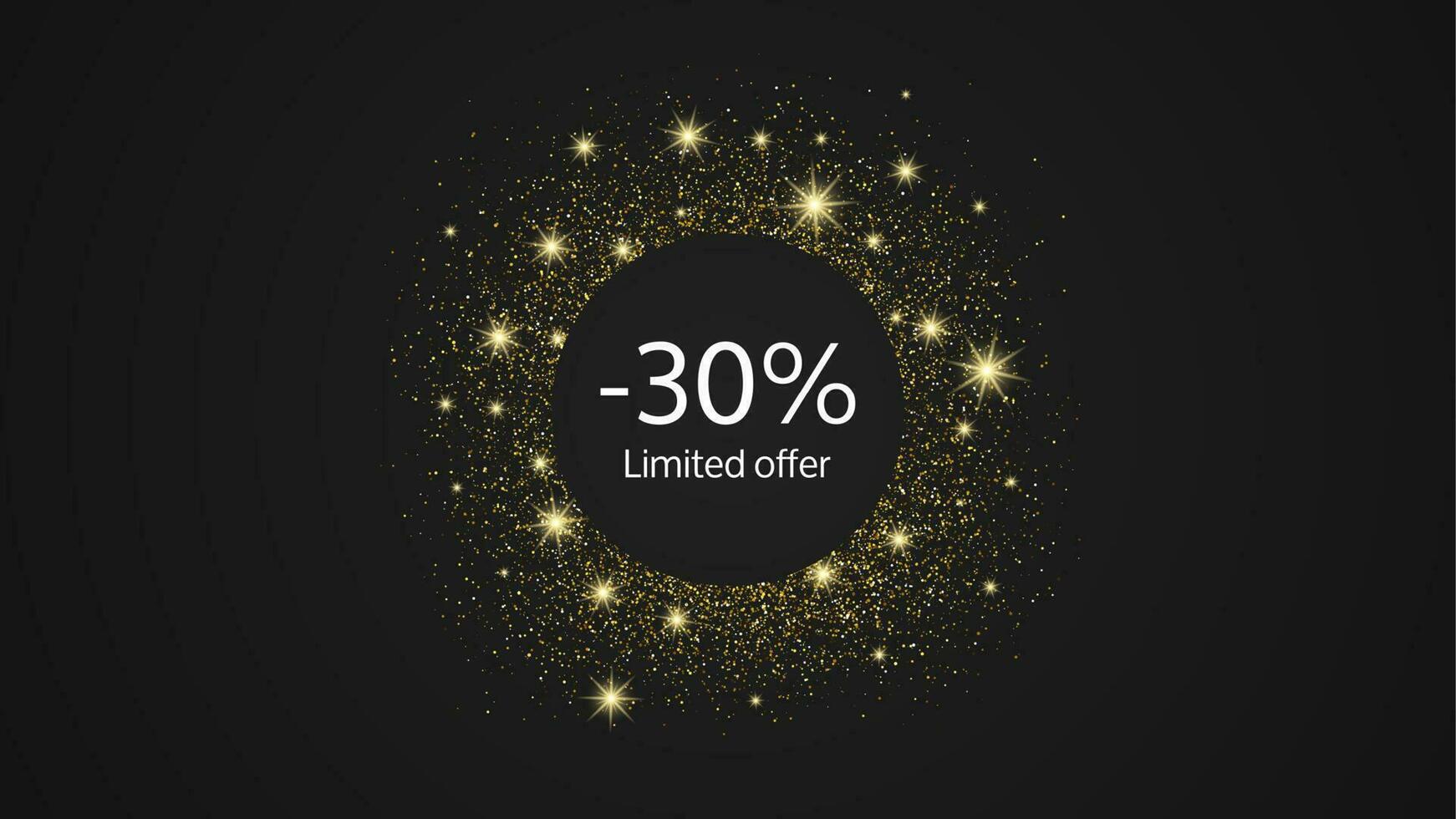 begrenzt Angebot Gold Banner mit ein 30 Rabatt . Weiß Zahlen im Gold glänzend Kreis auf dunkel Hintergrund. Vektor Illustration