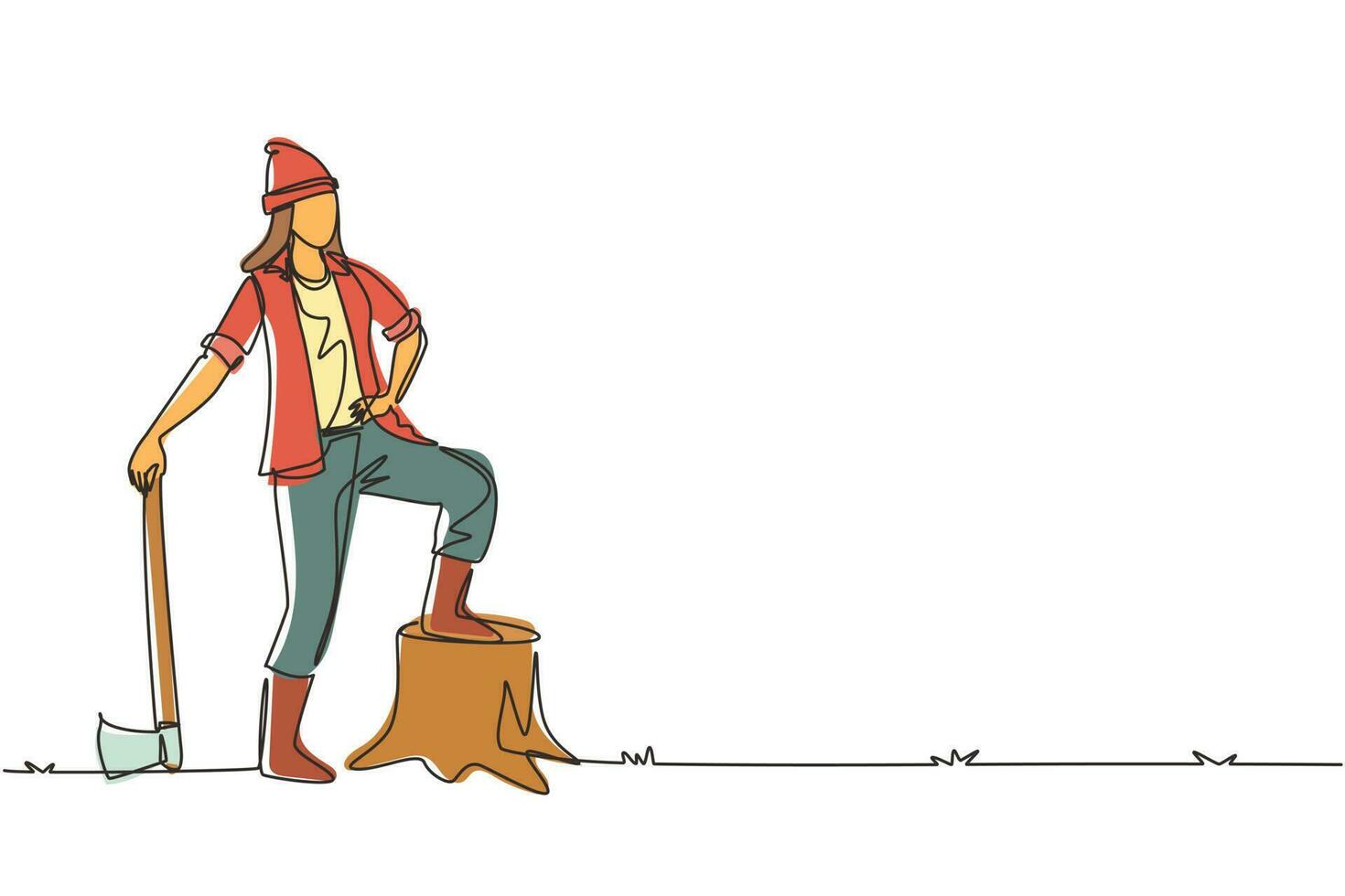 enda en rad ritning kvinna skogshuggare bär rutig skjorta, jeans, stövlar och mössa. står med yxa och poserar med ena foten på en stubbe. kontinuerlig linje rita design vektorillustration vektor