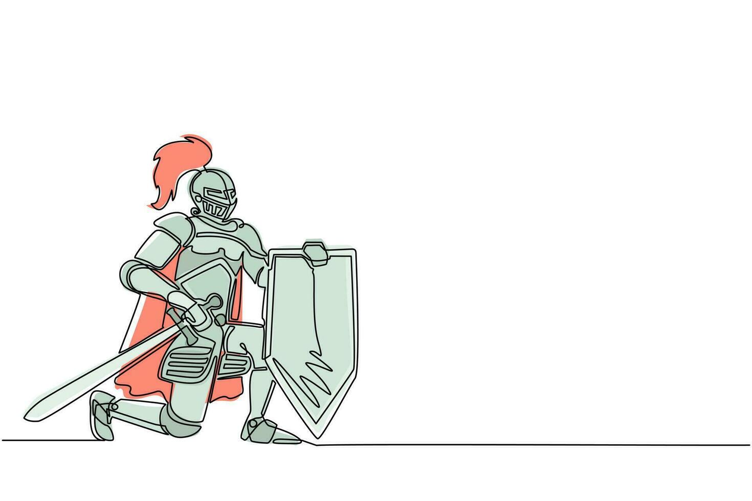 enda en rad teckning medeltida krigare på knä och svär trohet. riddare i rustning håller svärd, sköld och avlägger ed på sitt knä. kontinuerlig linje rita design grafisk vektorillustration vektor