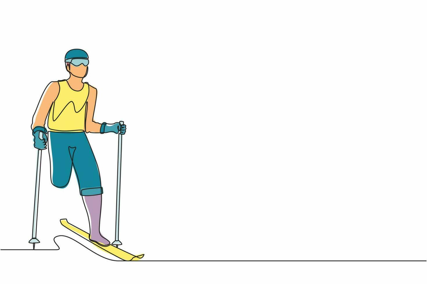 enda en rad ritning manlig idrottare skidåkare utan ben skidor i snö. idrottsman med skidor och stavar i glasögon på vintern. sport, turnering. kontinuerlig linje rita design vektorillustration vektor