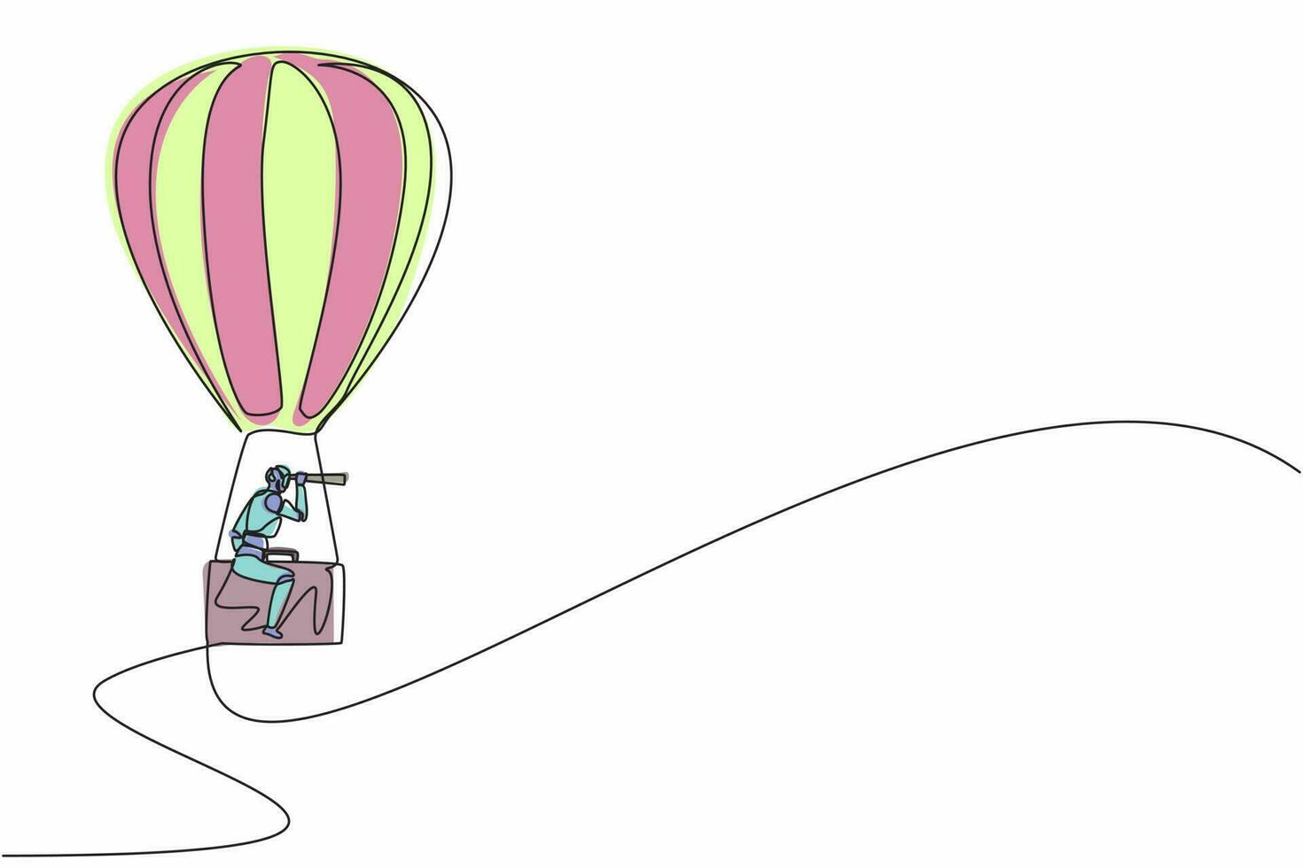 einzelne durchgehende Strichzeichnungsroboter mit monokularem Heißluftballon-Aktenkoffer. moderne robotik-technologie der künstlichen intelligenz. Industrie der Elektrotechnik. einzeiliger grafikdesignvektor vektor