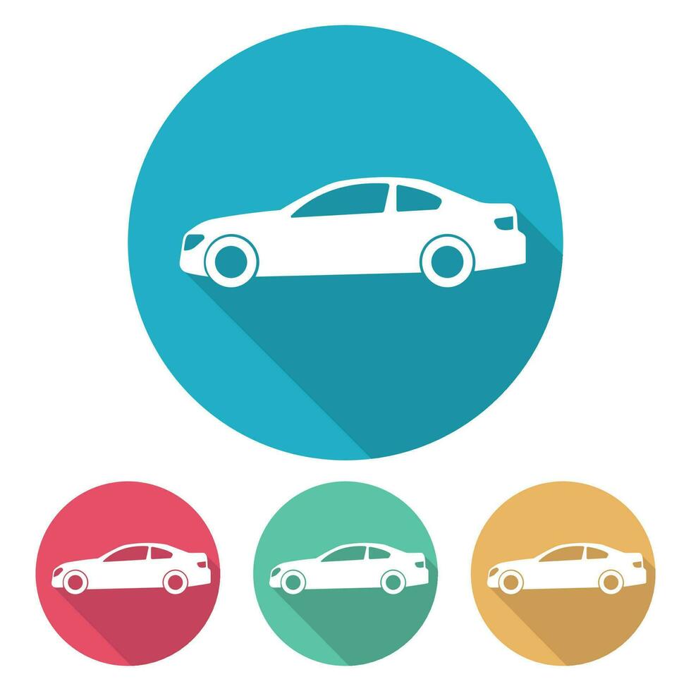 uppsättning av fyra platt stil bilar i mång färgad cirklar med skugga. vektor illustration