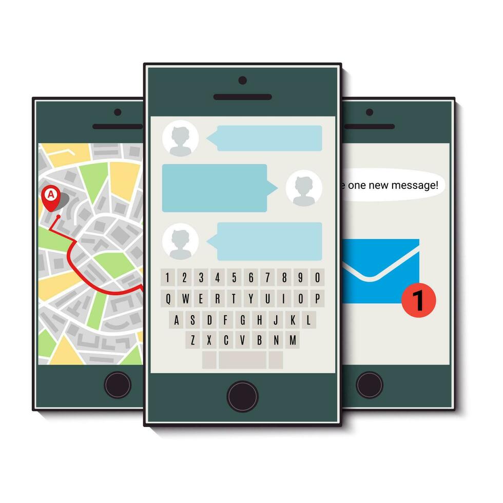 uppsättning av tre mobil telefoner. mobil telefon med chatt, Karta av de stad och inkommande meddelande. vektor illustration