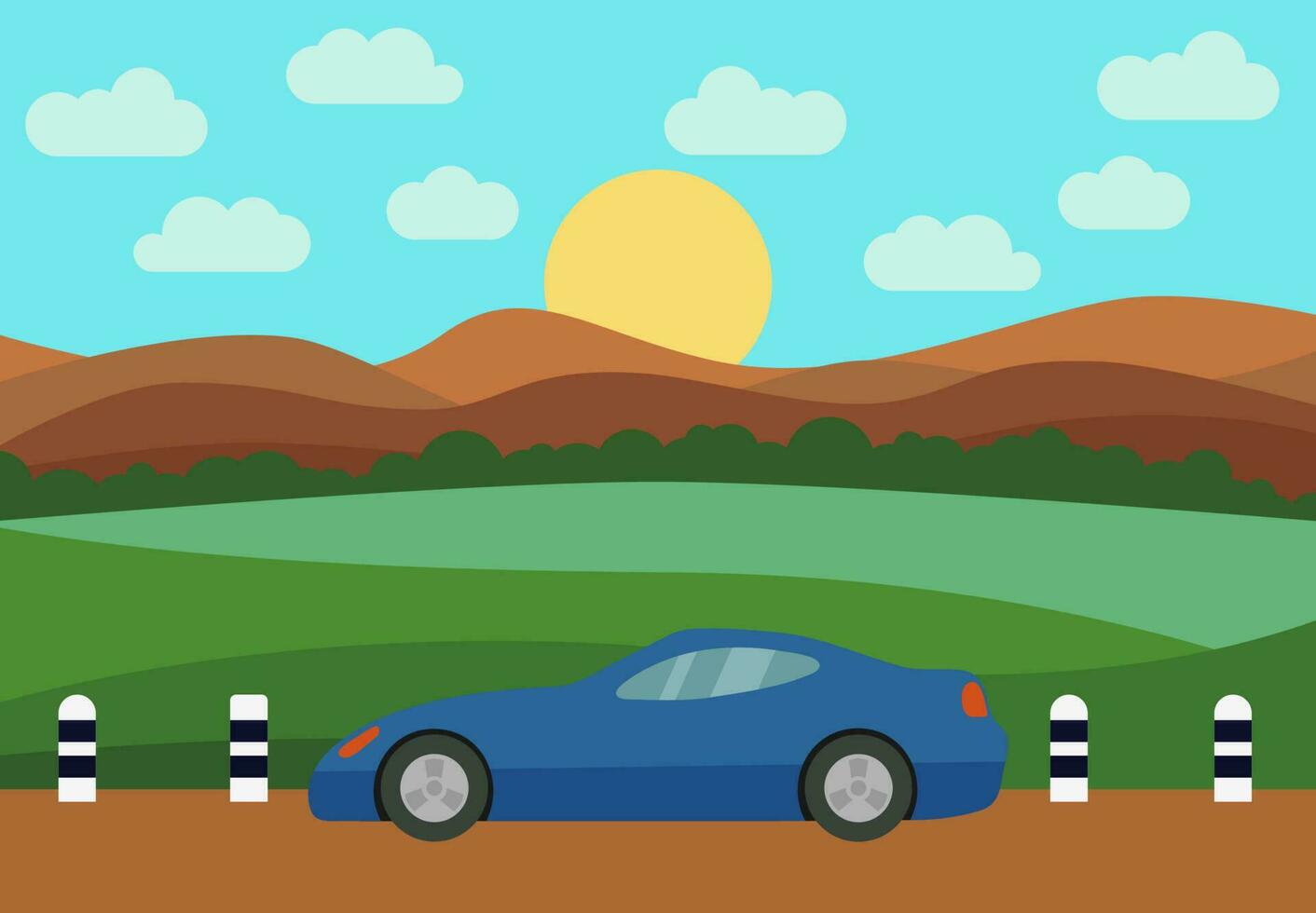 blå bil på de väg mot de bakgrund av de kullar och de stigande Sol. vektor illustration.
