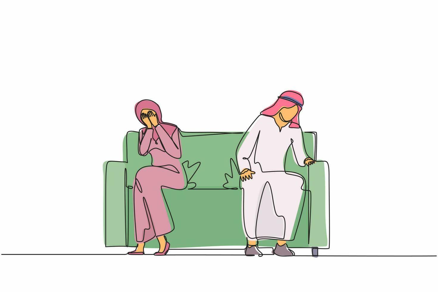kontinuerlig en rad ritning ledsna olyckliga arabiska man och hustru sitter på soffan och håller tyst efter gräl hemma. problem i kommunikation och kamp. en rad rita design vektorgrafik vektor