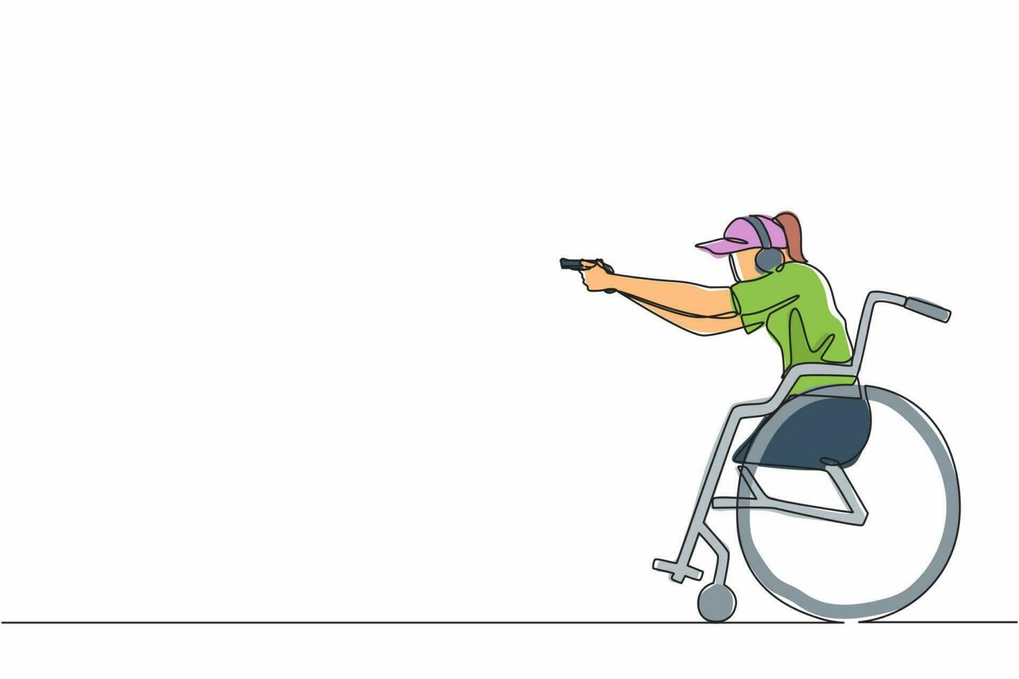 enda kontinuerlig linjeteckning ung idrottskvinna i rullstol engagerad i sportskytte med pistol. hobbyer och intressen för personer med funktionsnedsättning. en rad rita grafisk design vektorillustration vektor