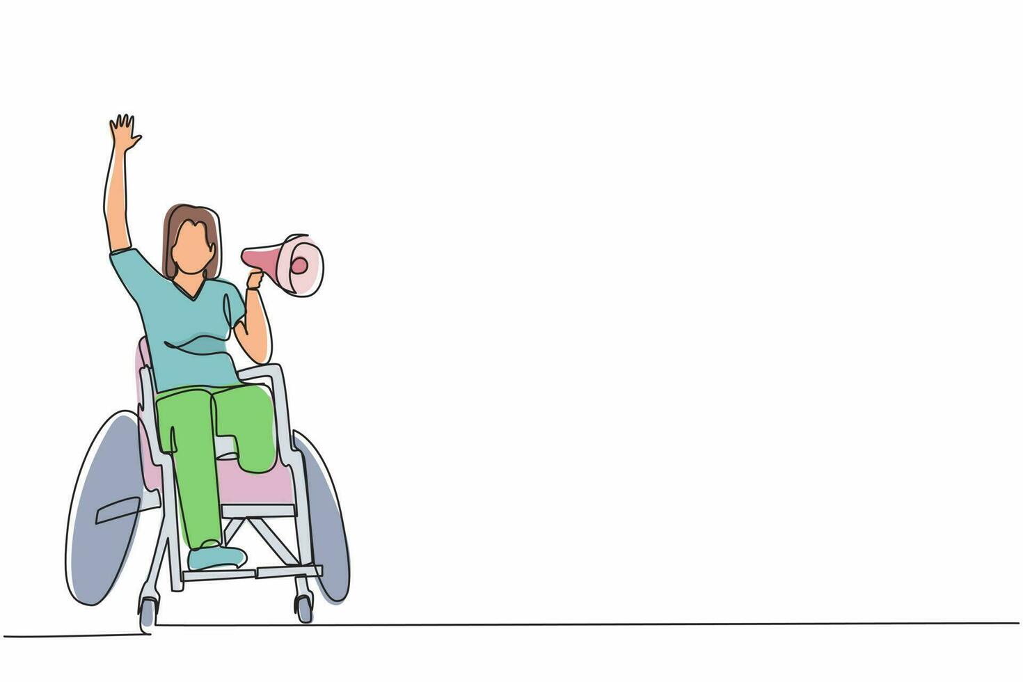 kontinuerlig en rad ritning glad funktionshinder ung kvinna i rullstol firar vinnande av fotbollslag med megafon. fotbollsfan rullstolsanvändare. en rad rita design vektorgrafik vektor