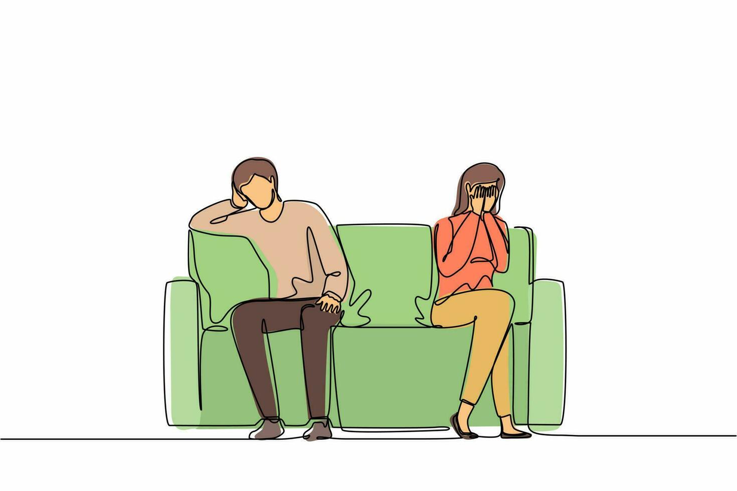Eine einzelne Linie, die einen traurigen, unglücklichen Ehemann und eine Ehefrau zeichnet, die auf der Couch sitzen und nach Streit zu Hause schweigen. Probleme in der Kommunikation und im Kampf. grafische Vektorillustration des durchgehenden Liniendesigns vektor
