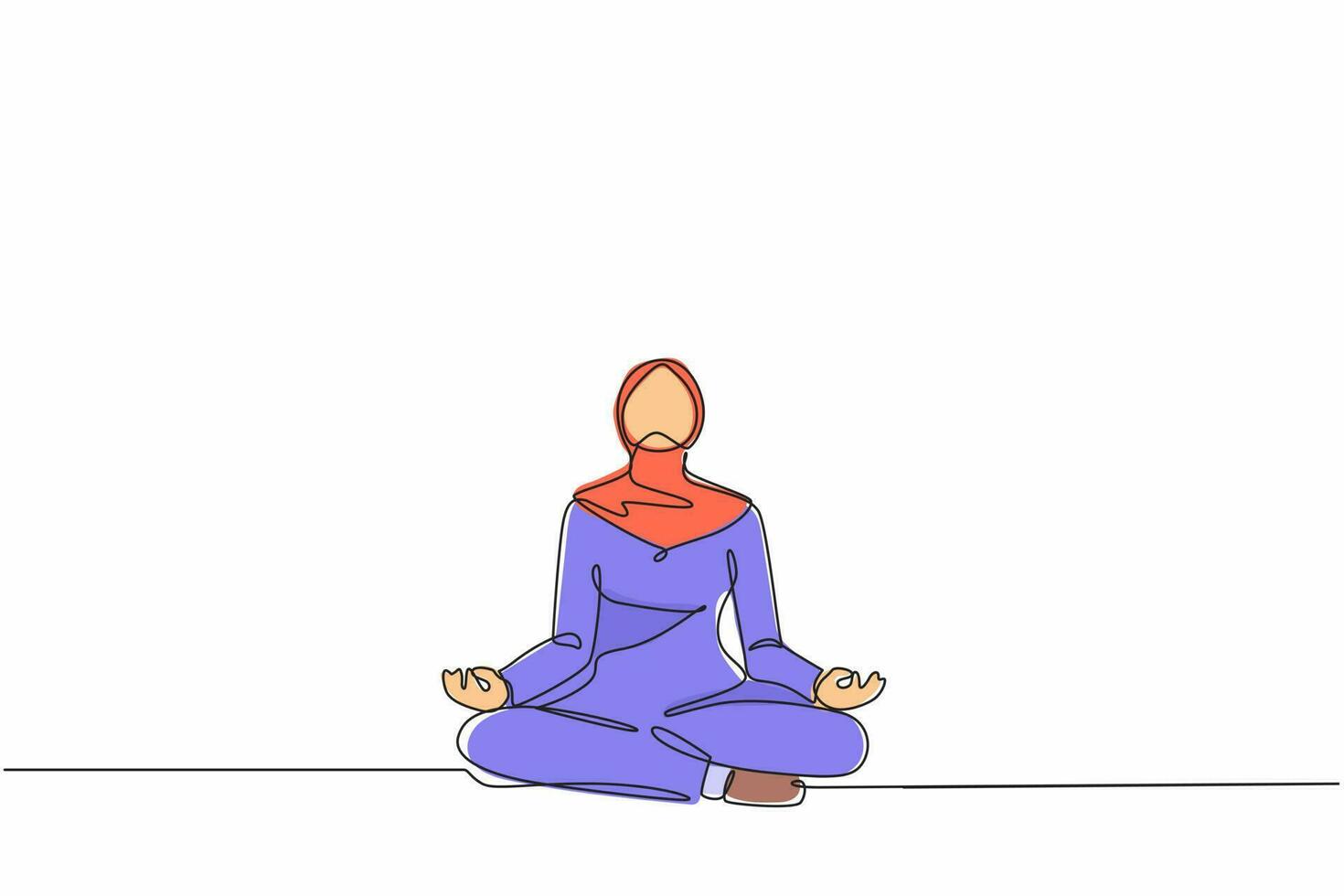 kontinuerlig en rad ritning arabisk affärskvinna gör yoga. kontorsarbetare som sitter i yogaställning, meditation, avkopplande, lugna ner och hantera stress. enda rad rita design vektorgrafisk illustration vektor