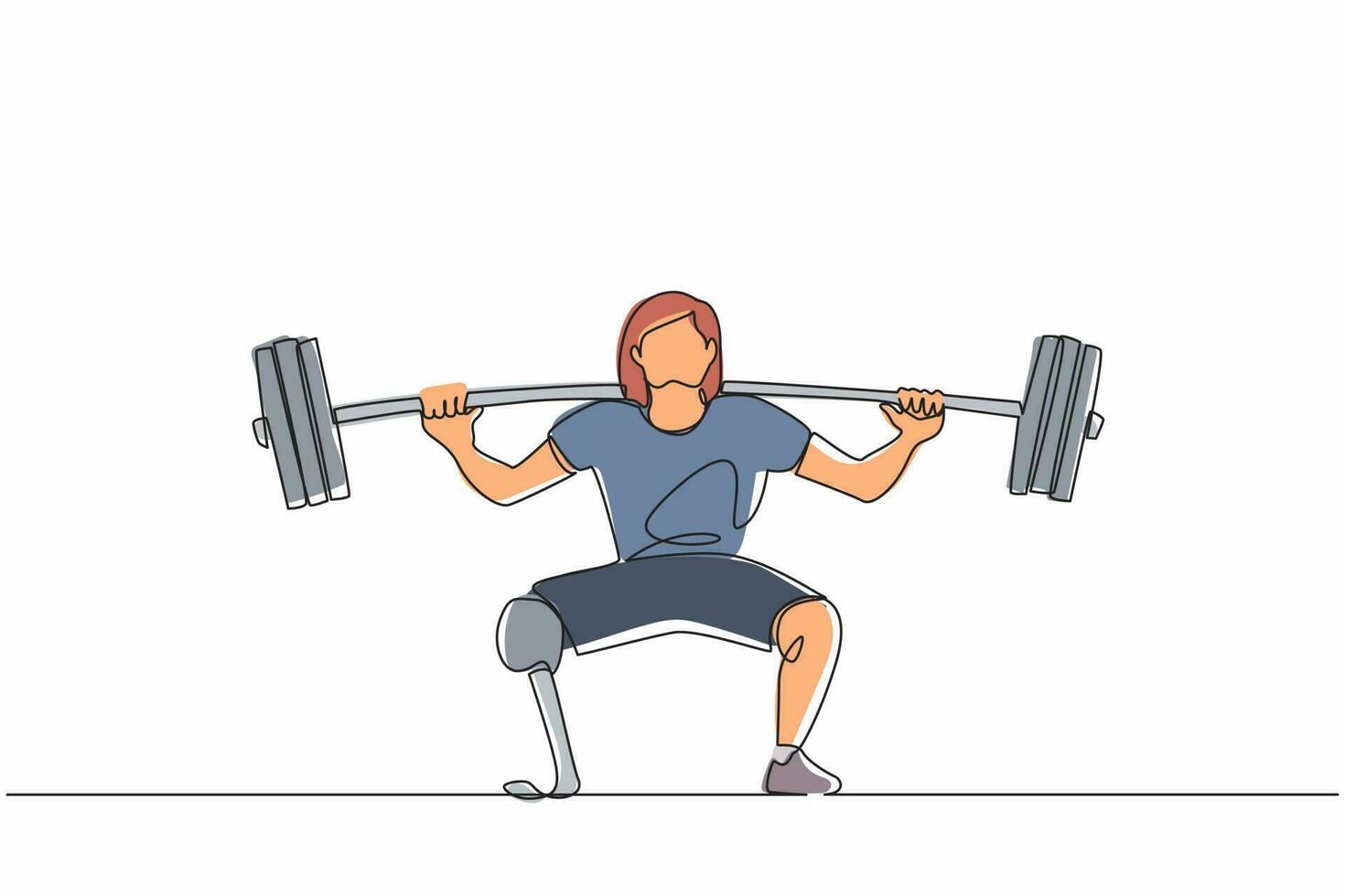 Einzelne einzeilige Zeichnung behinderte Gewichtheberin mit amputierten Beinen. athletisches gewichtheben training mit langhantelmuskeln sport starke frau schöne körperfitness. Designvektor mit durchgehender Linie vektor