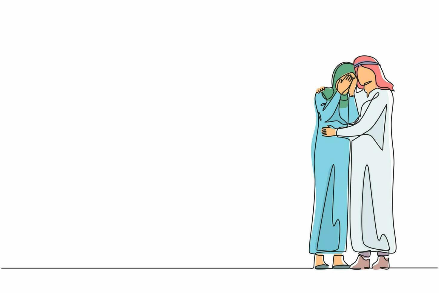 singel en rad ritning arabisk man kramar lugnande ledsen deprimerad frustrerad gråtande kvinna som håller axlarna och diskuterar problem. stöd, stress, depression. kontinuerlig linje design grafisk vektor