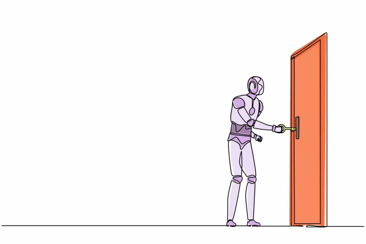 kontinuerliga en rad ritningsrobotar står och för in nyckeln i nyckelhålet. humanoid robot cybernetisk organism. framtida robotutvecklingskoncept. enkel linje design vektorgrafisk illustration vektor