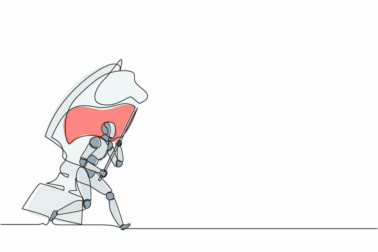 kontinuerliga en rad teckningsrobotar som springer och håller flagga bredvid stora hästriddarschack. humanoid robot cybernetisk organism. framtida robotutvecklingskoncept. enda linje design vektorgrafik vektor