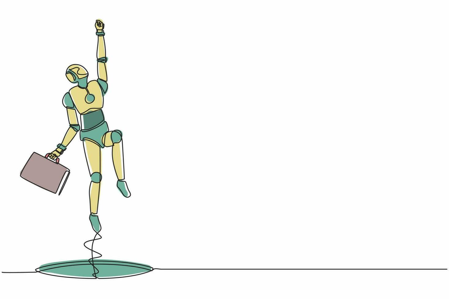 Kontinuierlicher einzeiliger Roboter, der mit Aktenkoffer fliegt, der aus Löchern kommt. humanoider Roboter kybernetischer Organismus. zukünftiges robotikentwicklungskonzept. Vektorgrafik-Illustration für einzeiliges Design vektor