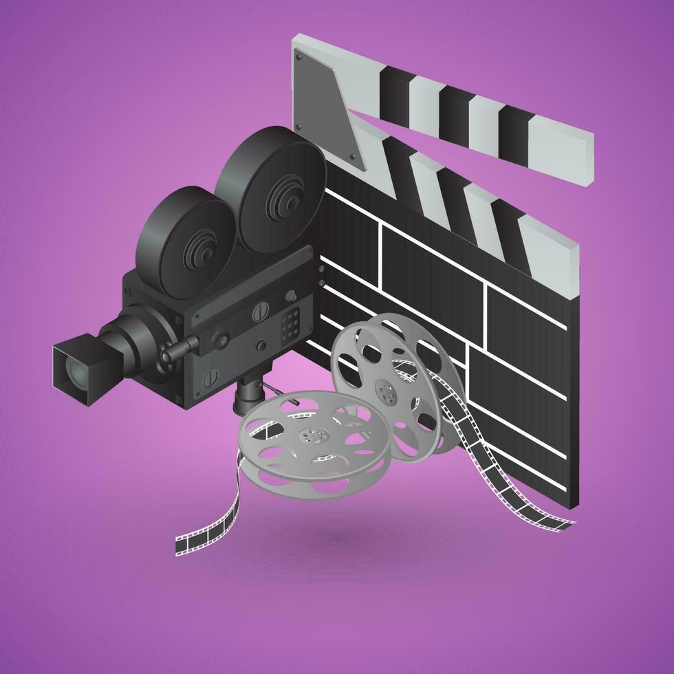 realistisk video kamera med kläpp och filma rulle på lila bakgrund. vektor