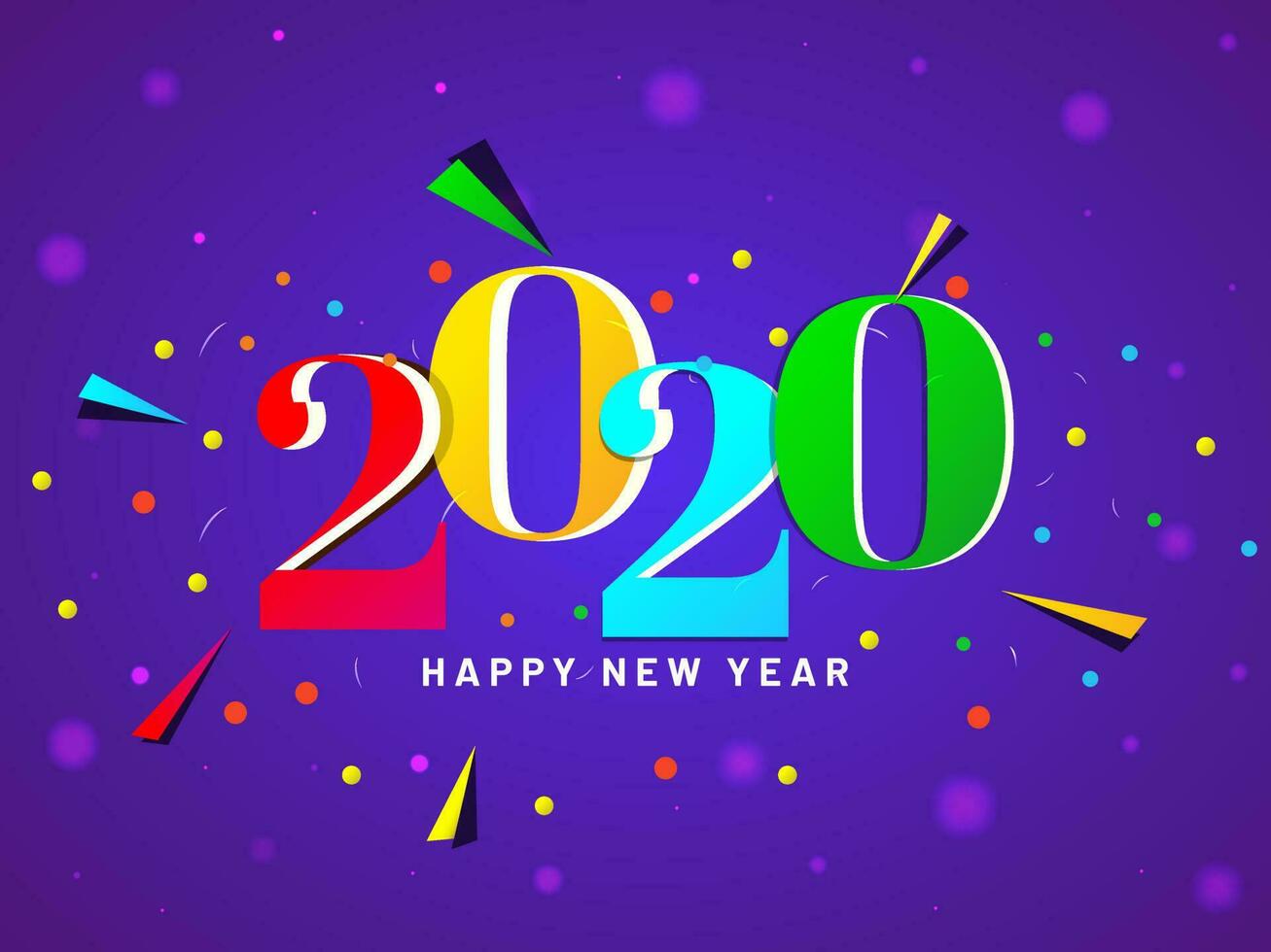 färgrik text 2020 med abstrakt geometrisk element på lila bokeh bakgrund för Lycklig ny år firande. vektor