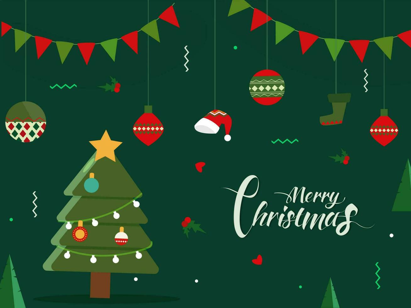 kalligrafi av glad jul med dekorativ xmas träd, hängande grannlåt, santa hatt och handske på grön bakgrund för firande begrepp. vektor