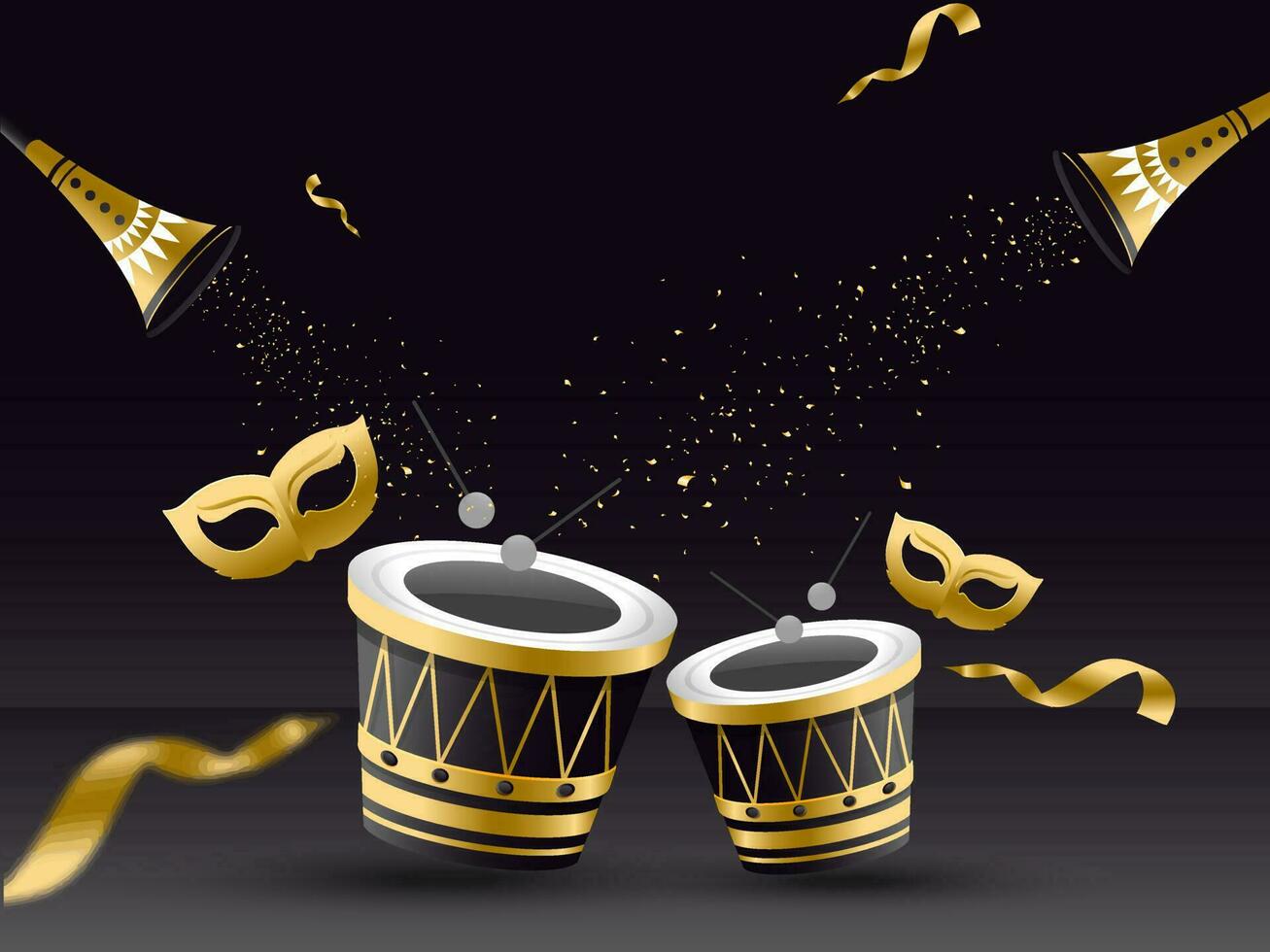 illustration av trumma med gyllene mask, trumpet och konfetti dekorerad på svart bakgrund. vektor