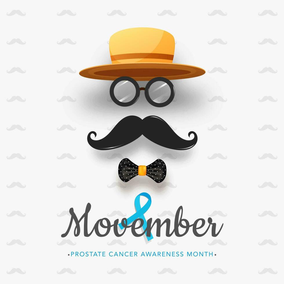 kreativ man ansikte tillverkad förbi fedora hatt med glasögon, mustasch, rosett slips och prostata cancer medvetenhet band för Movember månad begrepp. vektor