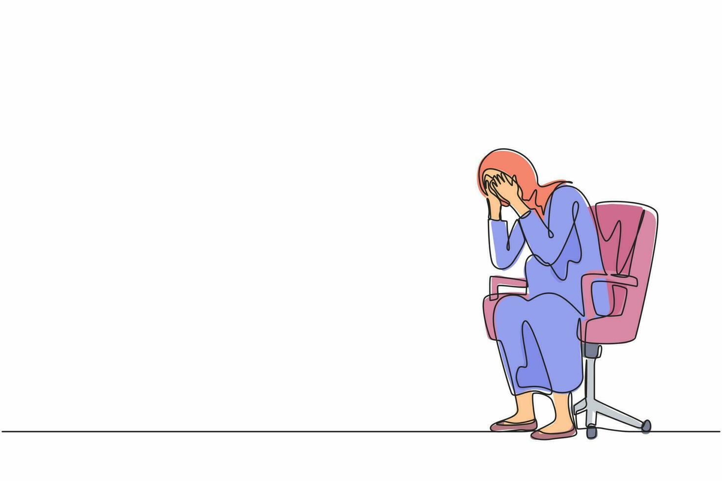 fortlaufende eine strichzeichnung frustrierte arabische geschäftsfrau, die ihren kopf hält und allein auf einem stuhl sitzt. Bedauern über Geschäftsfehler, Frustration, Niedergeschlagenheit, Dummheit, Dummheit. Einzeiliger Designvektor vektor