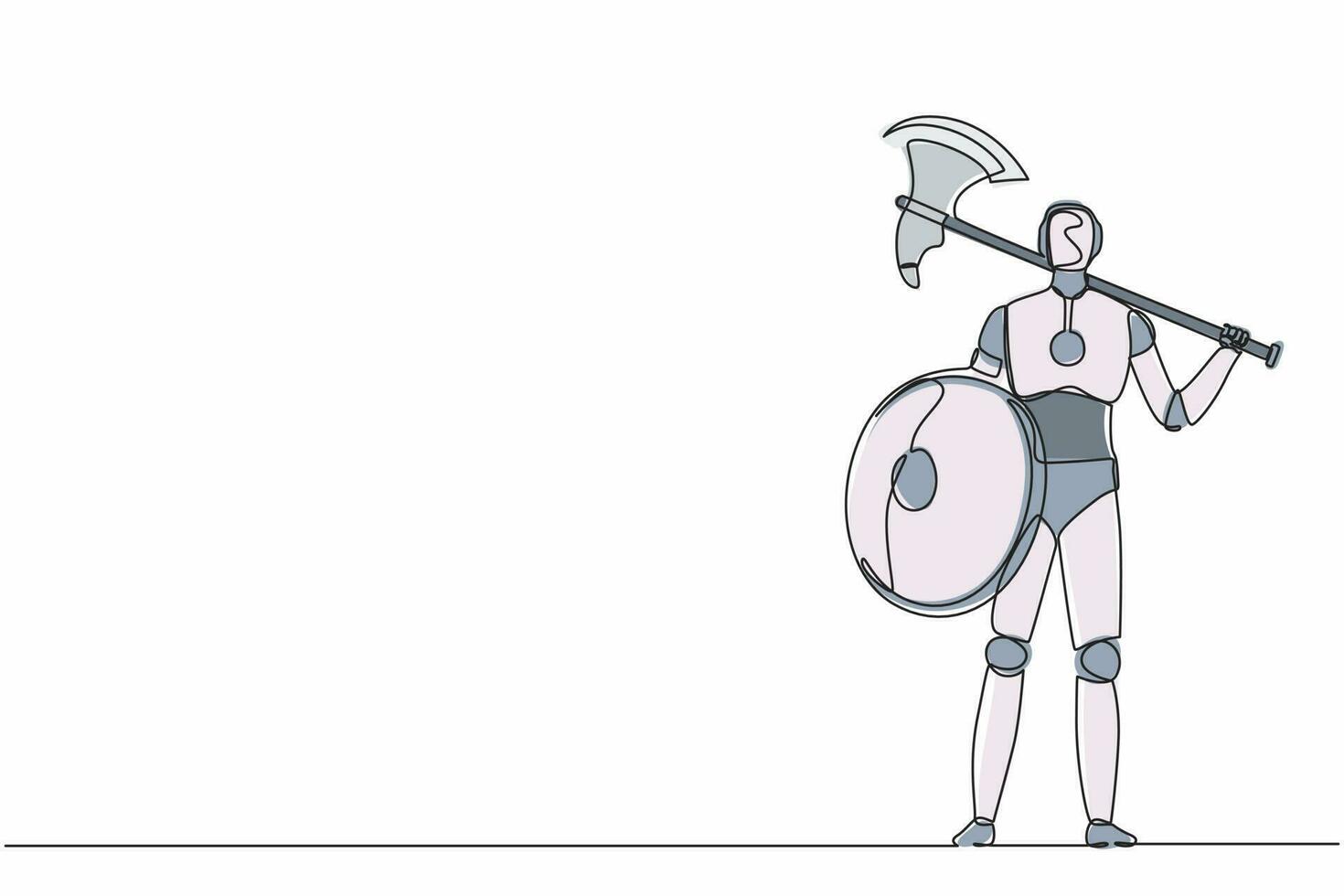 Ein Strichzeichnungsroboter steht mit Axt und Schild. zukünftige Technologieentwicklung. Prozess des maschinellen Lernens mit künstlicher Intelligenz. ununterbrochene Linie zeichnen grafische Vektorillustration des Designs vektor