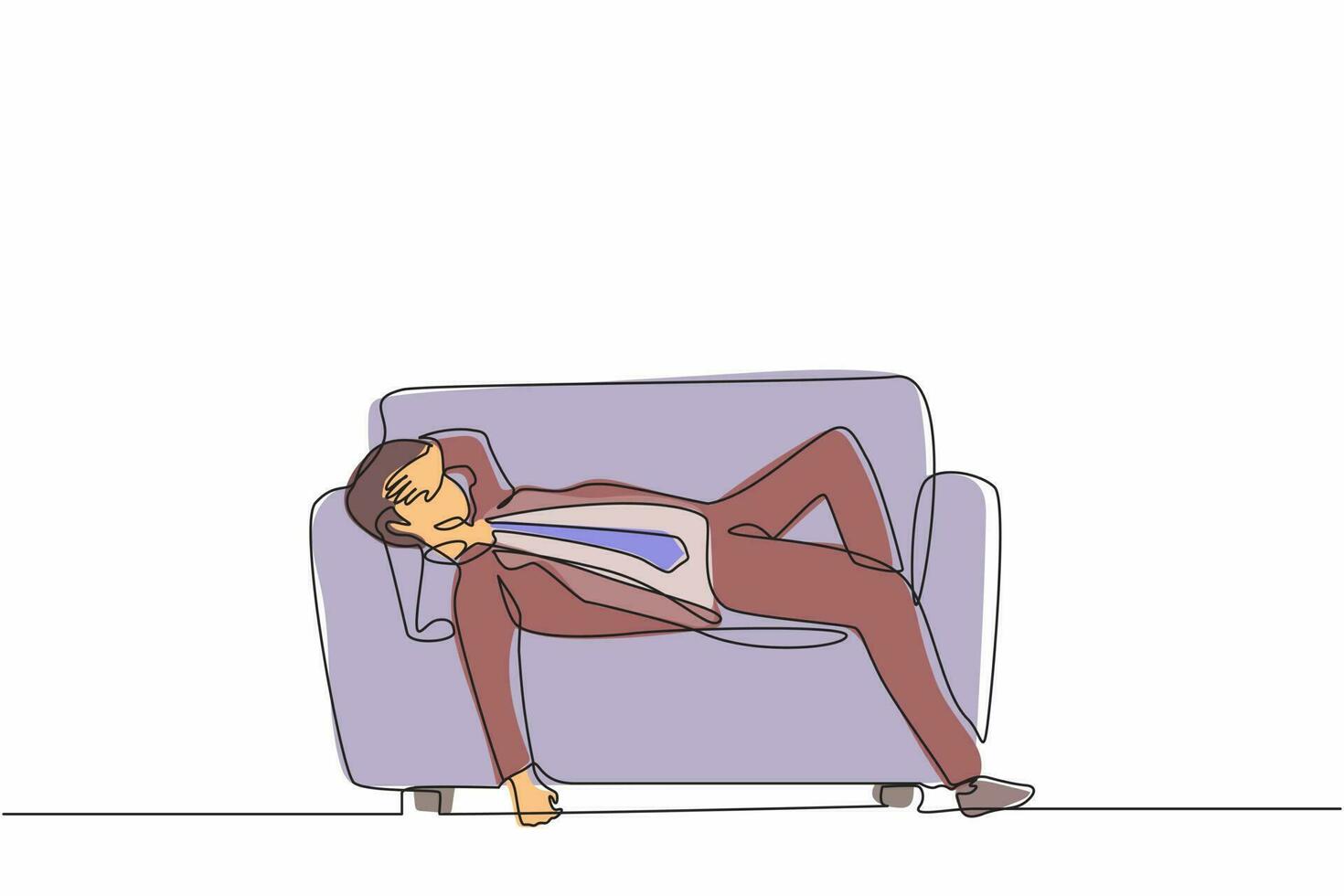 enda en rad ritning olycklig affärsman ledsen trött sömnig stämning vilar på soffan. frustrerad arbetare håller huvudet liggande på soffan. stressad och orolig för misslyckande. kontinuerlig linje rita design vektor