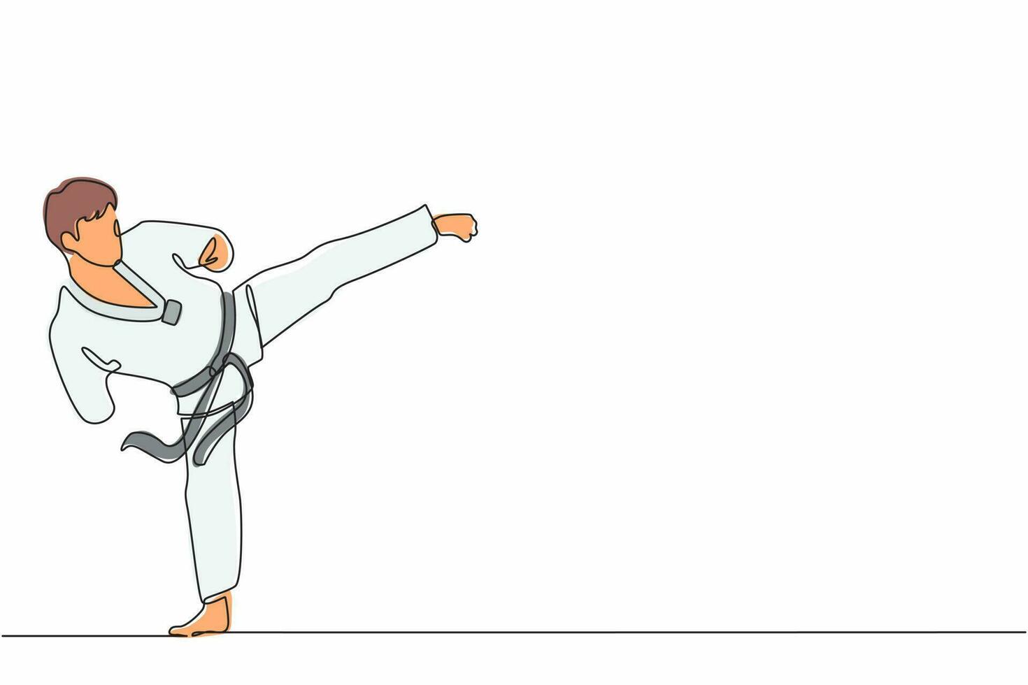 enda kontinuerlig linjeteckning manlig idrottare med funktionshinder som utövar taekwondo. idrottsman gör sparkar poserar i sport turnering. dynamisk en rad rita grafisk design vektorillustration vektor